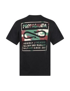 Propaganda - T-shirt nera Label Camo manica corta con stampa logo retro per
