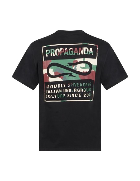 Propaganda - T-shirt nera Label Camo manica corta con stampa logo retro per