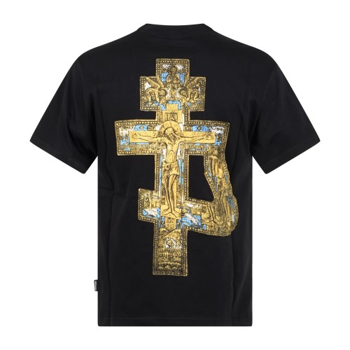 Propaganda - T-shirt nera Cross manica corta con stampa serigrafica su fronte e