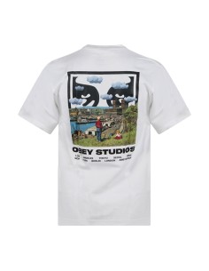 Obey - T-shirt bianca Sky Face con stampa siligrafica sul fronte e sul retro