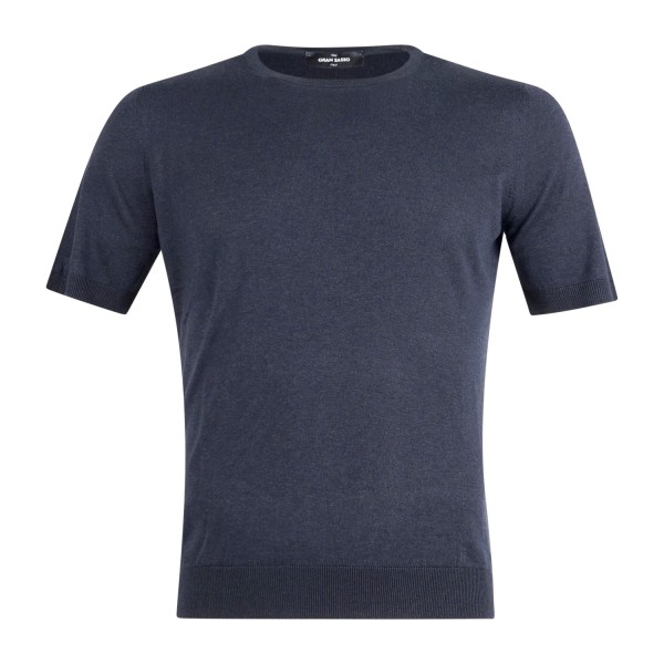 Gran Sasso - T-shirt blu manica corta in maglia di seta per uomo | paricollo