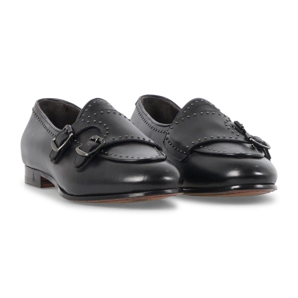 Morgillo - Mocassino nero in pelle doppia fibbia con borchie dorate per uomo |