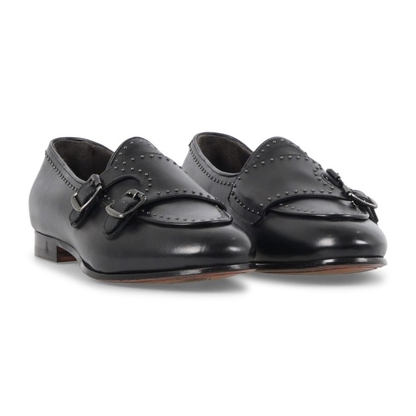 Morgillo - Mocassino nero in pelle doppia fibbia con borchie dorate per uomo |