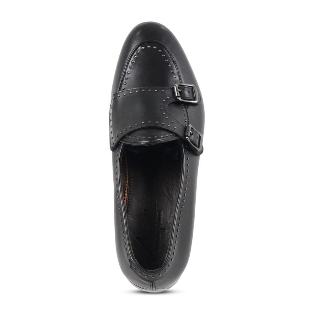 Morgillo - Mocassino nero in pelle doppia fibbia con borchie dorate per uomo |