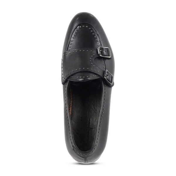 Morgillo - Mocassino nero in pelle doppia fibbia con borchie dorate per uomo |