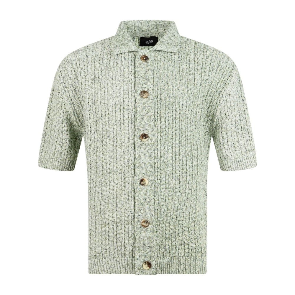 MASQ - Cardigan polo verde in cotone manica corta con lavorazione a coste per