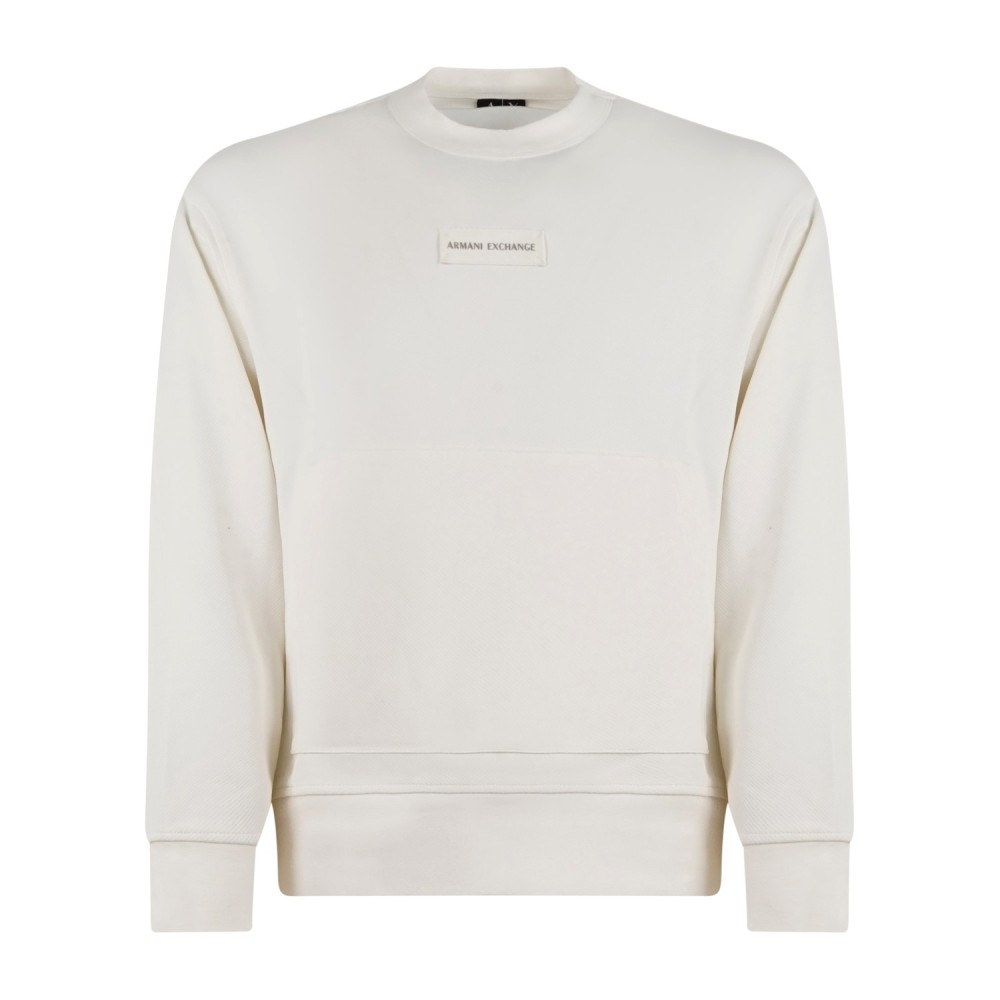 Armani Exchange - Felpa bianco girocollo con patch logo e tasca a marsupio per