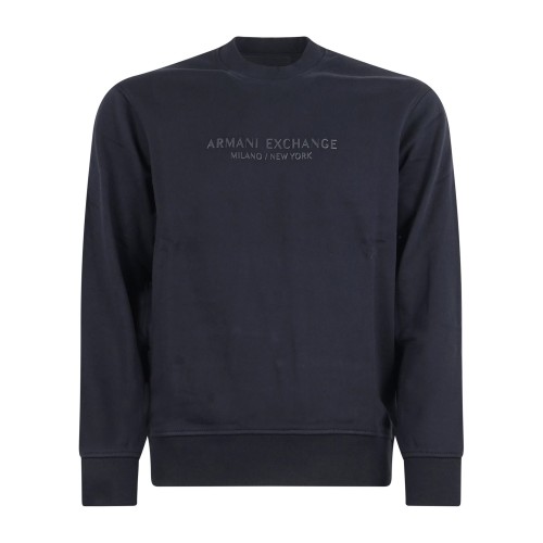 Armani Exchange - Felpa blu girocollo con patch logo sul fronte per uomo |