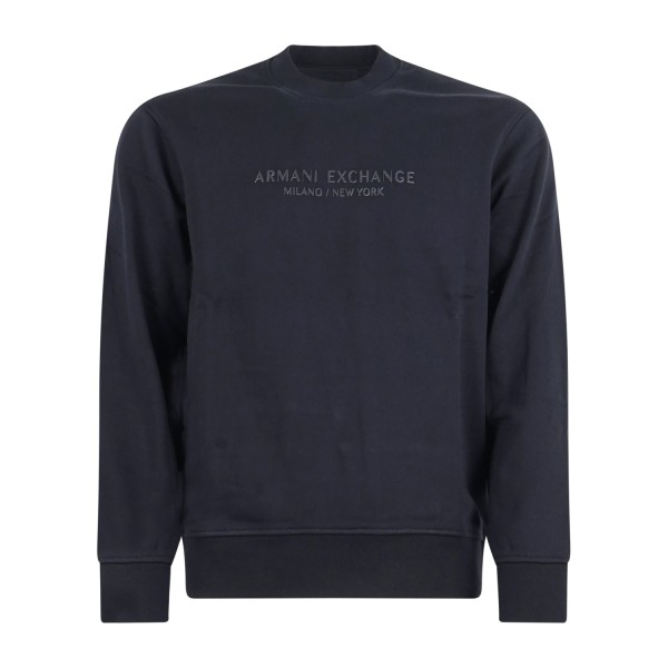 Armani Exchange - Felpa blu girocollo con patch logo sul fronte per uomo |