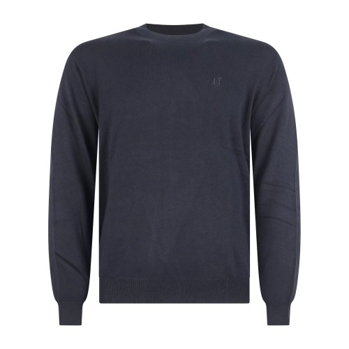 Armani Exchange - Maglione blu girocollo con ricamo logo sul petto per uomo |