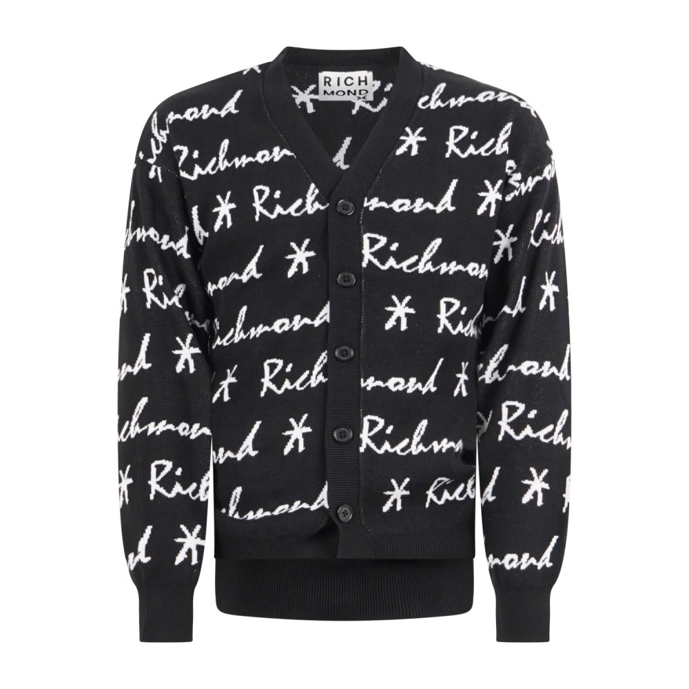 Richmond X - Maglione cardigan nero Shanga scollo a V con bottoni fantasia all