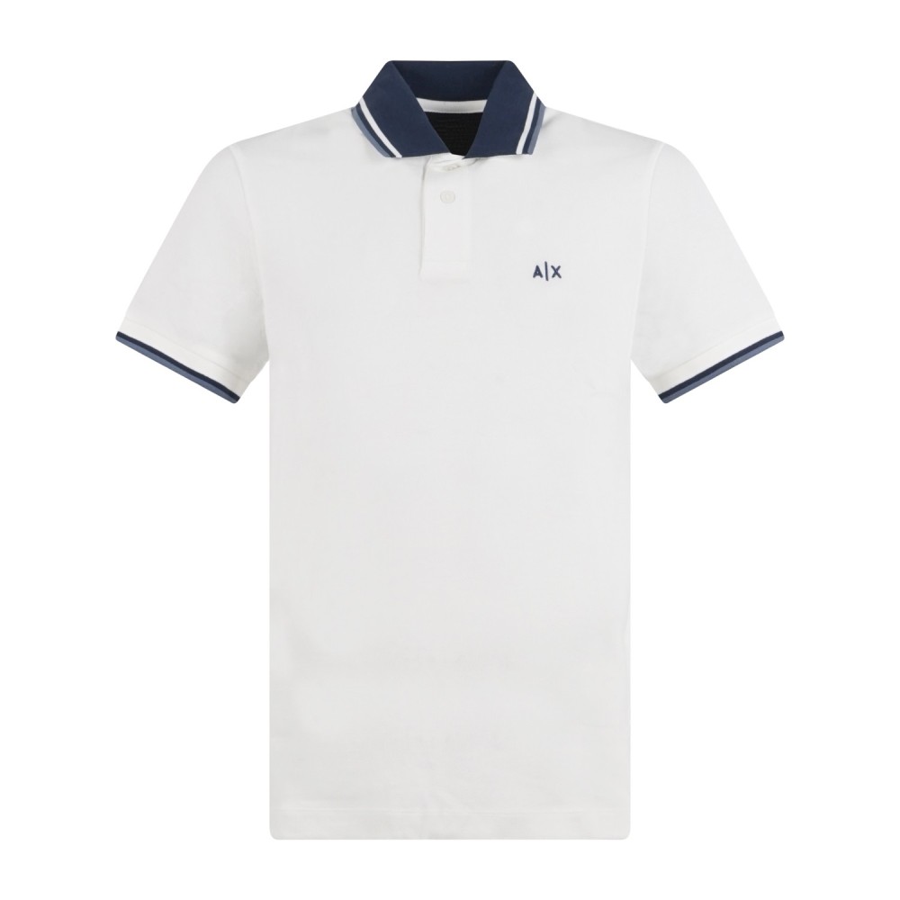 Armani Exchange - Polo bianca maniche corte in piqué con colletto a contrasto