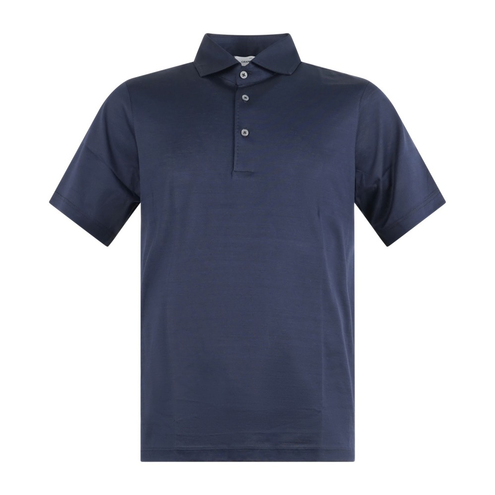 Gran Sasso - Polo blu manica corta con collo camicia in cotone filo di scozia