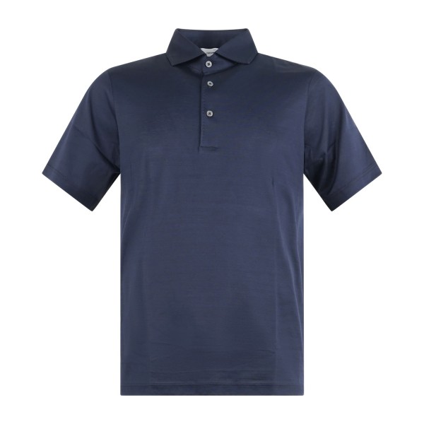 Gran Sasso - Polo blu manica corta con collo camicia in cotone filo di scozia