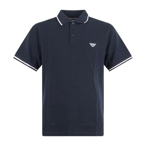 Emporio Armani - Polo blu manica corta con righe a contrasto sul collo e bordi