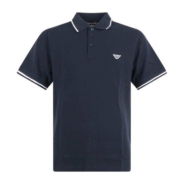 Emporio Armani - Polo blu manica corta con righe a contrasto sul collo e bordi