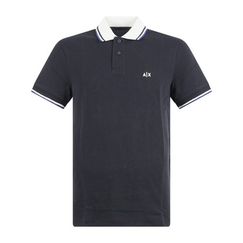 Armani Exchange - Polo blu maniche corte in piqué con colletto a contrasto per