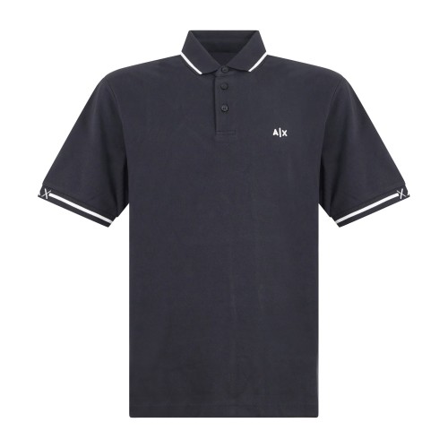 Armani Exchange - Polo blu maniche corte in piqué con righe sul colletto a