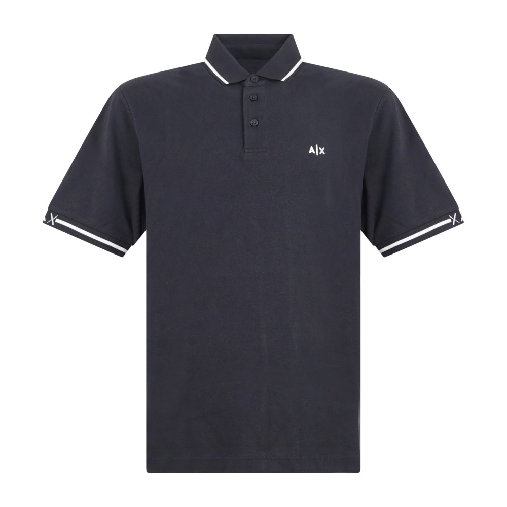 Armani Exchange - Polo blu maniche corte in piqué con righe sul colletto a