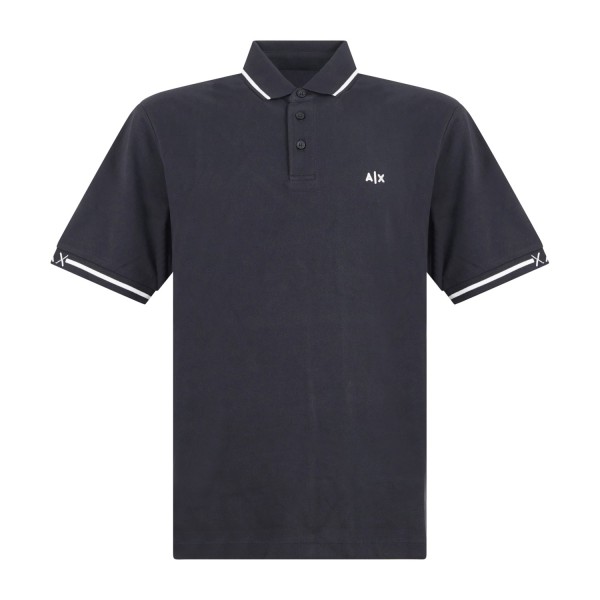 Armani Exchange - Polo blu maniche corte in piqué con righe sul colletto a