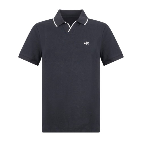 Armani Exchange - Polo blu senza bottoni maniche corte con righe sul colletto a