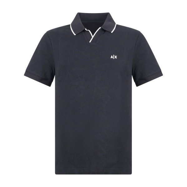 Armani Exchange - Polo blu senza bottoni maniche corte con righe sul colletto a