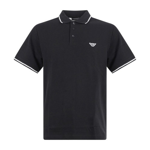 Emporio Armani - Polo nera manica corta con righe a contrasto sul collo e bordi