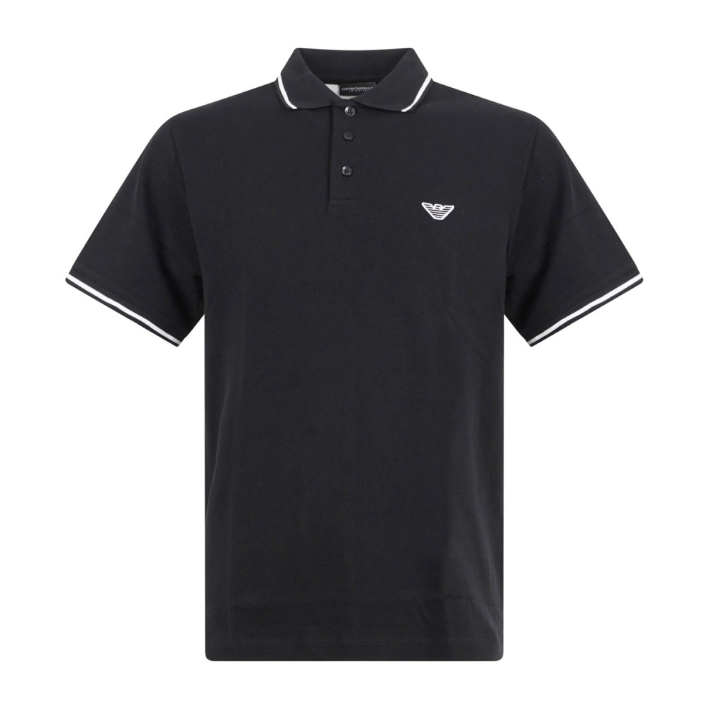Emporio Armani - Polo nera manica corta con righe a contrasto sul collo e bordi