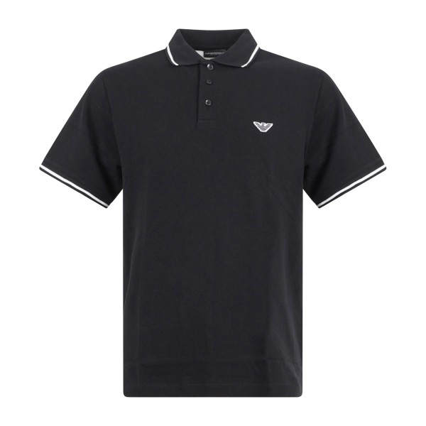 Emporio Armani - Polo nera manica corta con righe a contrasto sul collo e bordi