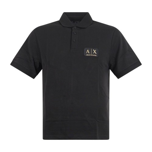 Armani Exchange - Polo nera maniche corte in piqué con patch logo oro sul petto