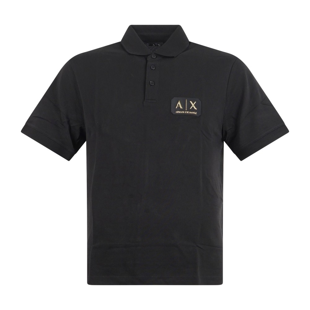 Armani Exchange - Polo nera maniche corte in piqué con patch logo oro sul petto