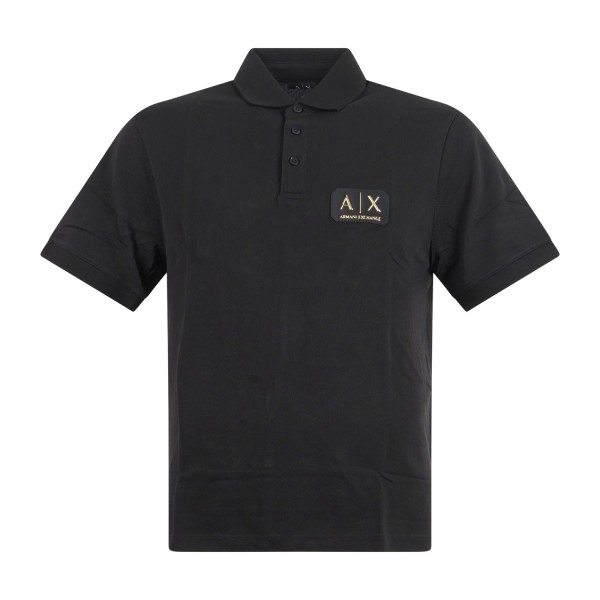 Armani Exchange - Polo nera maniche corte in piqué con patch logo oro sul petto