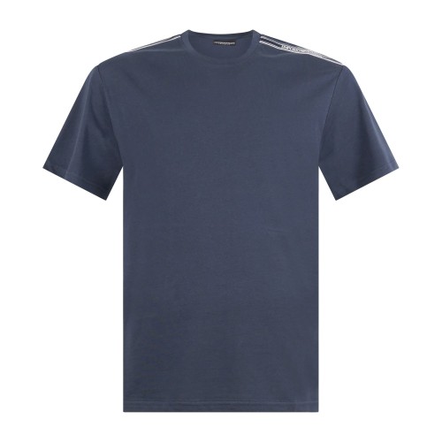 Emporio Armani - T-shirt blu manica corta con bande logate sulle spalle per