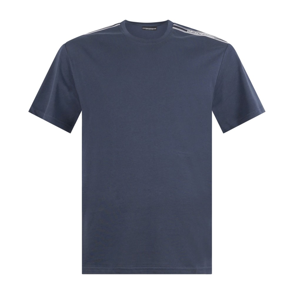 Emporio Armani - T-shirt blu manica corta con bande logate sulle spalle per