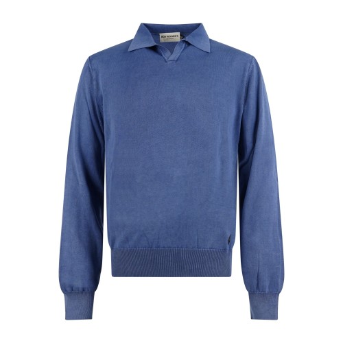 Roy Roger's - Polo azzurra senza bottoni manica lunga in cotone con patch logo