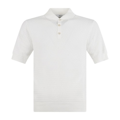 MASQ - Polo bianca manica corta con lavorazione intarsio in maglia di cotone