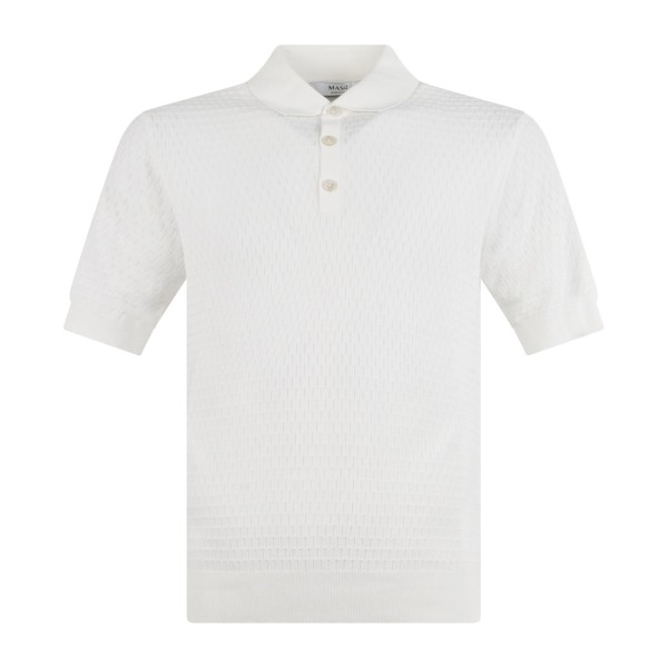MASQ - Polo bianca manica corta con lavorazione intarsio in maglia di cotone