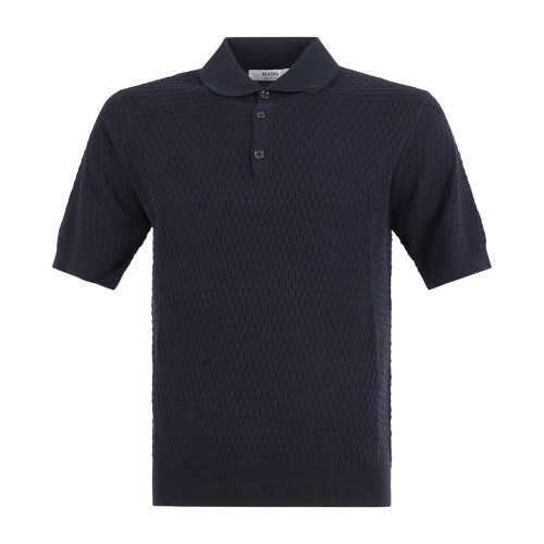 MASQ - Polo blu manica corta con lavorazione intarsio in maglia di cotone per