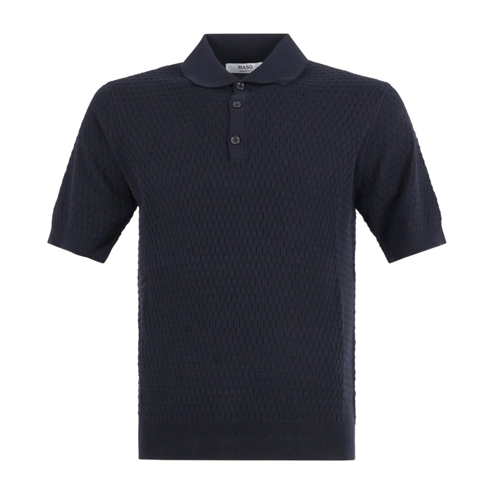 MASQ - Polo blu manica corta con lavorazione intarsio in maglia di cotone per