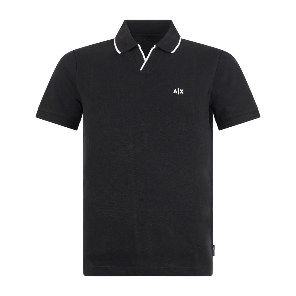 Armani Exchange - Polo nera senza bottoni maniche corte con righe sul colletto