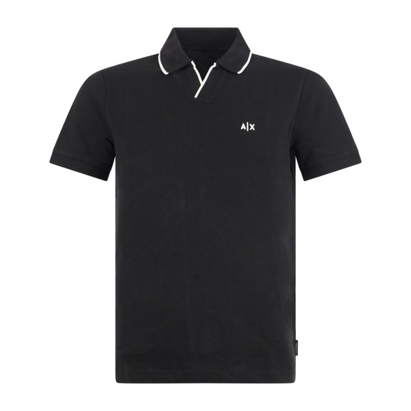 Armani Exchange - Polo nera senza bottoni maniche corte con righe sul colletto
