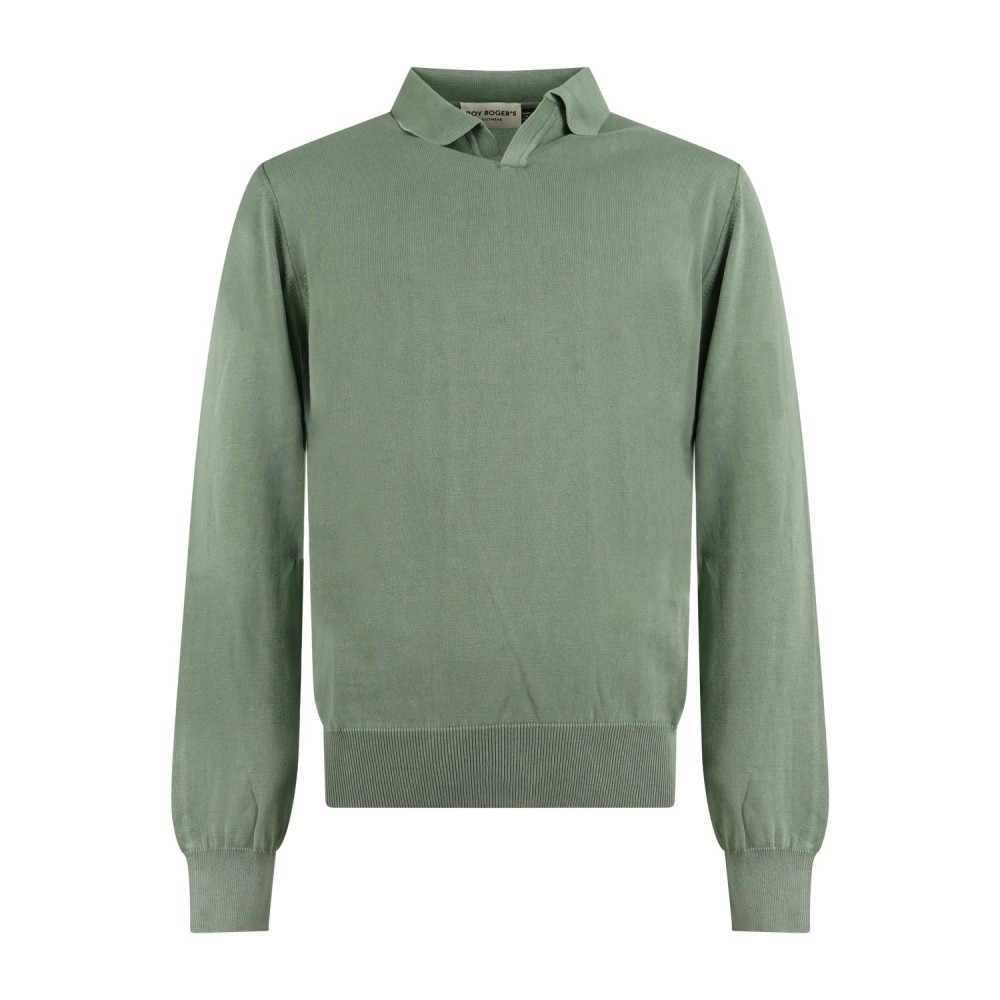 Roy Roger's - Polo verde senza bottoni manica lunga in cotone con patch logo