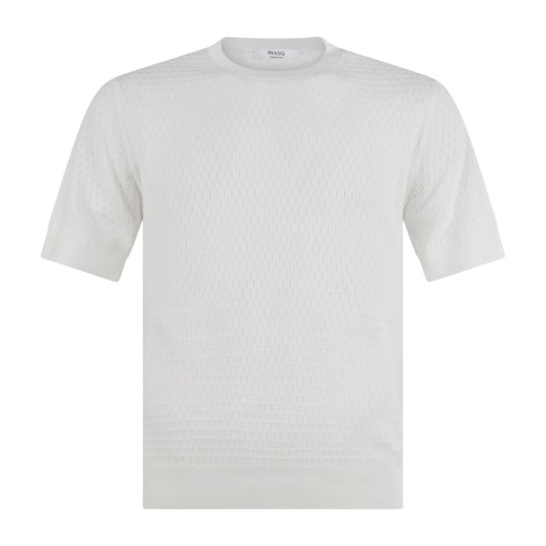 MASQ - T-shirt bianca manica corta con lavorazione intarsio in maglia di cotone
