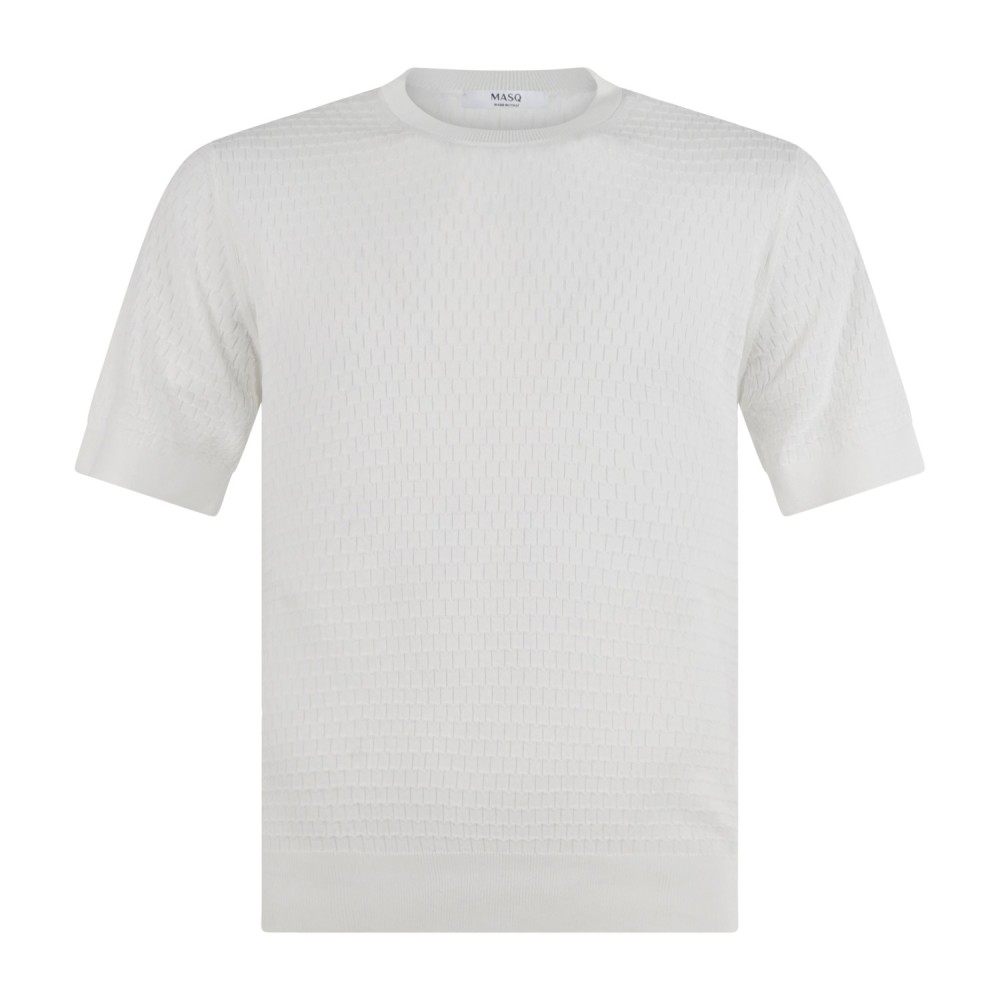 MASQ - T-shirt bianca manica corta con lavorazione intarsio in maglia di cotone