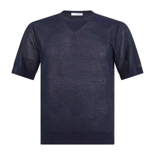 MASQ - T-shirt blu manica corta con lavorazione punto pannocchia di cotone per