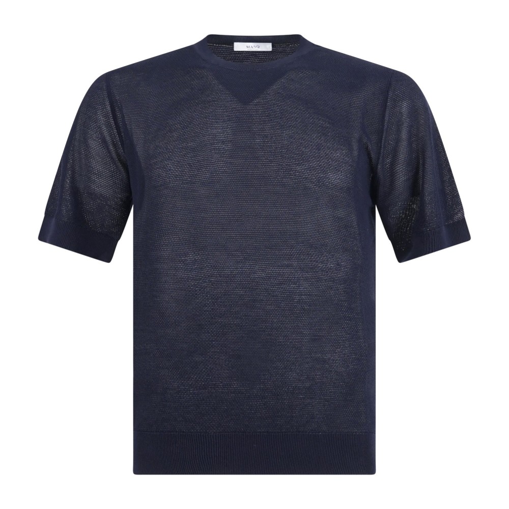 MASQ - T-shirt blu manica corta con lavorazione punto pannocchia di cotone per