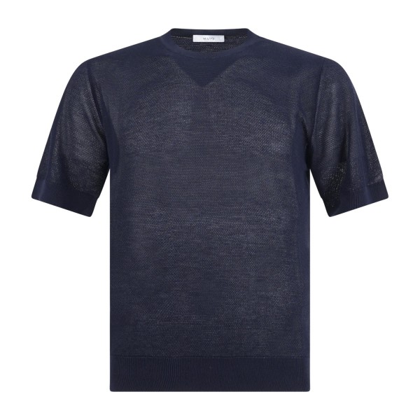 MASQ - T-shirt blu manica corta con lavorazione punto pannocchia di cotone per