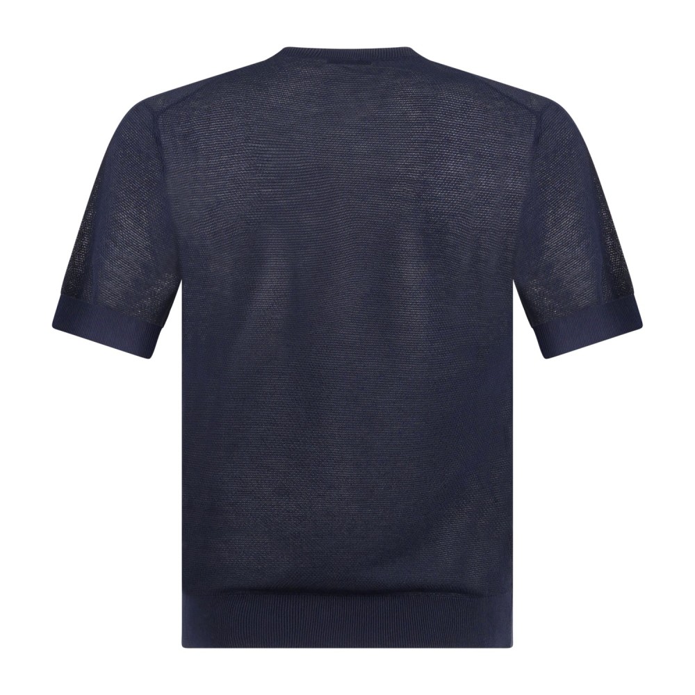 MASQ - T-shirt blu manica corta con lavorazione punto pannocchia di cotone per