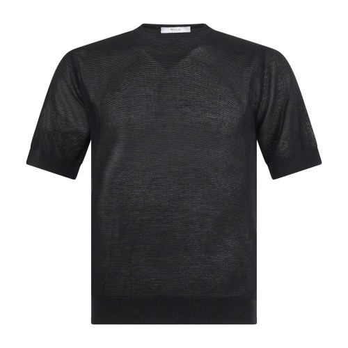 MASQ - T-shirt nera manica corta con lavorazione punto pannocchia di cotone per