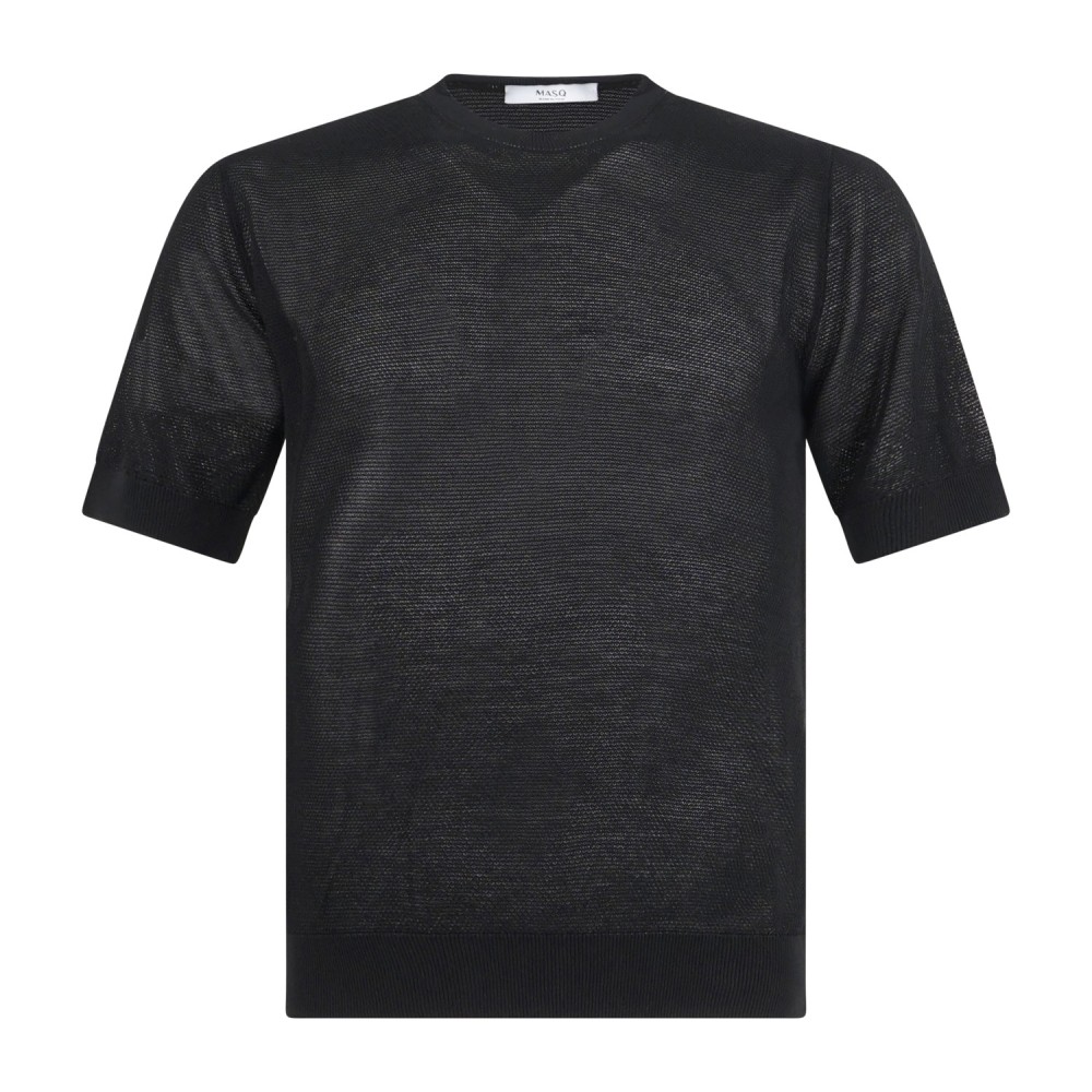 MASQ - T-shirt nera manica corta con lavorazione punto pannocchia di cotone per